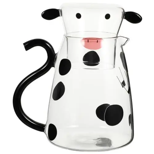 Produktbild: PRETYZOOM Wasserkaraffe Aus Cartoon Kuh Form Haushaltskrug Kaltwasserflasche Milchkrug Mit Deckel Und Becher Für Wasser Saft Tee