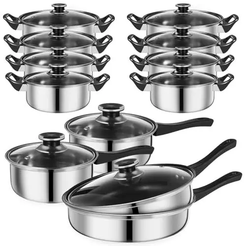 Produktbild: PRETYZOOM Edelstahl-Töpfe Und Pfannen-Sets 12-Teiliges Kochgeschirr Pfanne Mit Glasdeckel Antihaftbeschichtete Bratpfannen Grillpfanne Kochtopf Suppentöpfe Suppentöpfe Als Geschenk Für Die