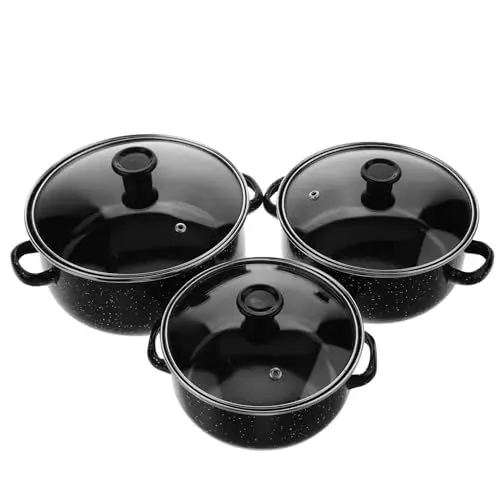 Produktbild: PRETYZOOM Kochtopf Für Den Haushalt Pfannenset Emaille-Topf-Set 3-Teilig Mit Deckel Floraler Retro-Kochtopf Tiefer Suppentopf Für Zuhause Restaurant Schwarz