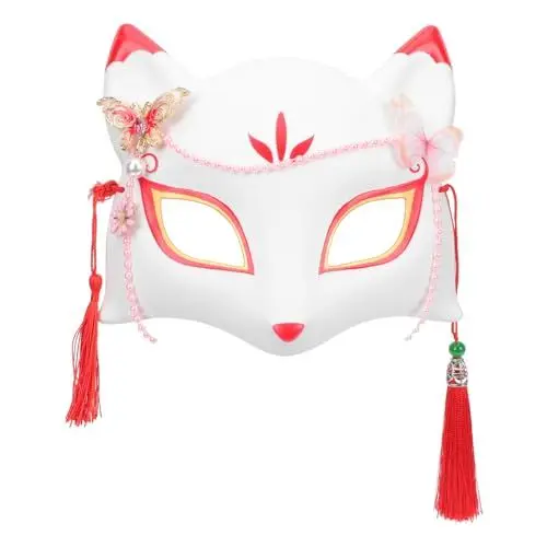 Produktbild: PRETYZOOM Halloween- Fuchsmasken Kitsune- Katzenmasken Japanische Kimono- Masken Halbe Maskerade- Masken mit Quaste Halloween- Cosplay- Requisiten für Männer Frauen Weiß
