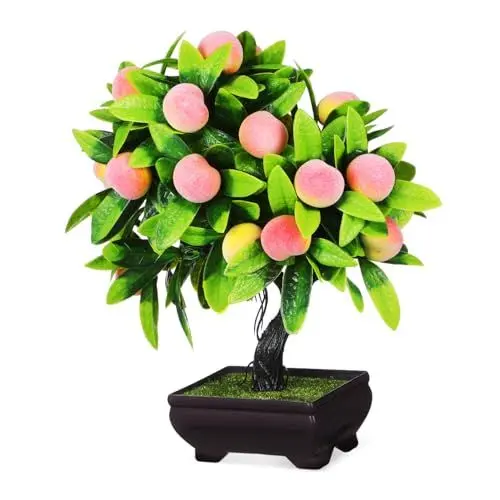 Produktbild: PRETYZOOM Künstlicher Bonsai Realistischer Pfirsichbaum Pflegeleichte Platzsparende Deko für Wohnzimmer Büro Schreibtisch Vielseitiger Natürlicher Imitat Bonsai mit Lebensechten Blüten und