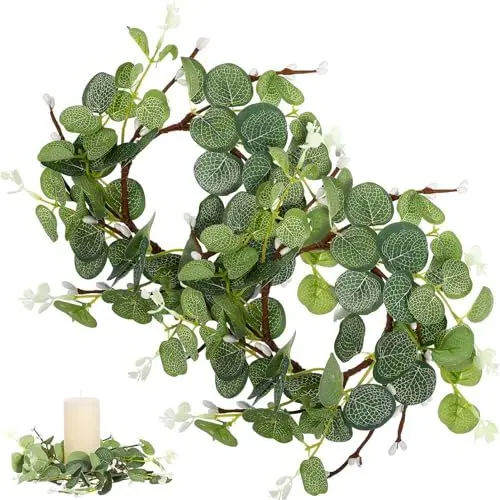 Produktbild: DOITOOL 2 x Kerzenringe, künstliche Eukalyptusblätter, Kränze, Kleiner Boho-Kranz, Stumpenkerzenhalter für Hochzeit, Zuhause, Tür, Tischdekoration, 8 cm
