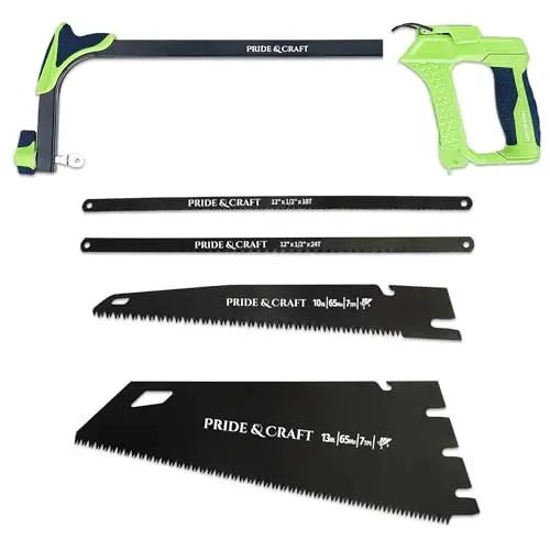 Produktbild: PRIDE&CRAFT Universal Handsäge mit 4 verschiedenen Sägeblättern, Schnellverschluss-Design, weicher und rutschfester Griff, 4 in 1 Hochleistungs-Bügelsäge für Metall, Holz, PVC-Rohre