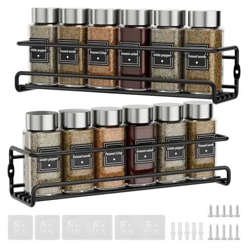 Produktbild: Priksia Gewürzregal Wand, 2er Set Gewürz Organizer Ohne Bohren, Gewürzhalter Hängend aus Metall mit Selbstklebende und Schrauben für Gewürzdosen, Küchenschrank, Speisekammertür