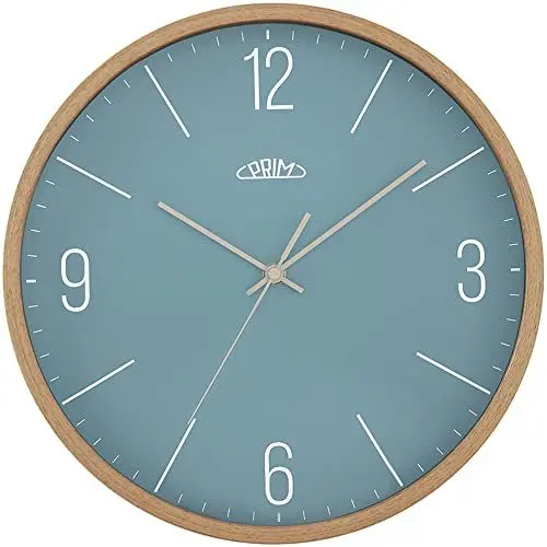 Produktbild: PRIM Holz-Wanduhr in schönen Farben, Helles Holz&Blau, Quarz-Uhrwerk Sweep, Glas, Holz, Ø 305x40 mm, Modern Style Wand-Deko Naturmaterial, für Wohnzimmer, Schlafzimmer, Büro, Küche, jeden Raum