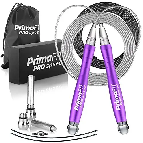 Produktbild: PrimaFIT Springseil Erwachsene Fitness Pro Speed Jump Rope 3m Seilspringen Verstellbar Mit Gewichten, 2 Kugellager & Anti-Rutsch Griffe, Profi Skipping Für Boxen, MMA, Crossfit, Extra Stahlseil,Tasche