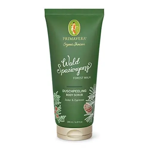 Produktbild: PRIMAVERA Waldspaziergang Duschpeeling 200 ml – Körperpeeling, Naturkosmetik – Zeder, Zypresse Duft – reinigt mit milden Zuckertensiden, glättet die Haut - vegan