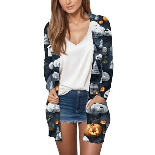Produktbild: Prime Angebote Outlet Angebote Sale Wintermantel Damen Warm Jacke Halloween-Print 2025, Strickjacke Mit Offener Vorderseite, Mittellanger Mantel Cardigan Strick Damen Regenjacke Damen Angebote
