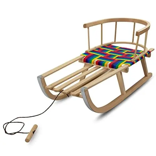 Produktbild: Prime Garden® PINNO COMODO Premium Holzschlitten Schlitten Kinderschlitten Rodelschlitten mit Rückenlehne Zugseil Holzgriff