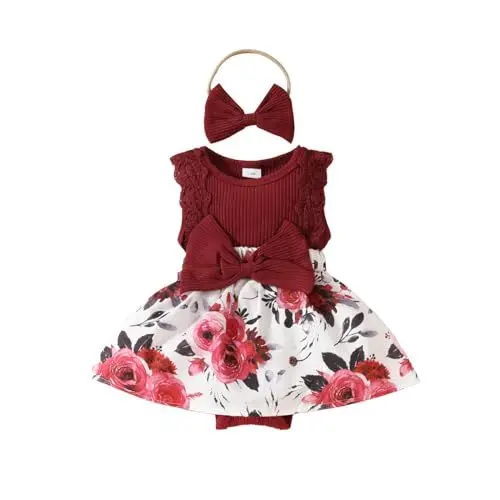Produktbild: LOIJMK Baby-Mädchen, ärmellos, Spitze, Spitze, Dreieckskleid, 0–1 Jahr alt, Baby, Blumenschleife, Kleid mit Stirnband Bodys Mädchen 92 (RD2, 12-18 Months)