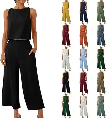 Produktbild: Prime-Rabatte Zweiteiler Damen Hosenanzug Elegant Sommer Outfits Ärmelloses Tank Top Und Hose 2 Teiler Baumwolle Leinen Freizeitanzug Mit Taschen Frauen Leicht Einfarbig Lounge Set Schwarz M