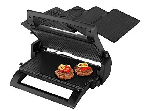Produktbild: Princess Multi-Grill 4-in-1, Kontaktgrill - Tischgrill - Sandwich Maker und Waffeleisen, Aus rostfreiem Stahl, 1500 Watt Leistung, inklusive 3 Plattensätze, 180° aufklappbar, Schwarz/Silber, 112536