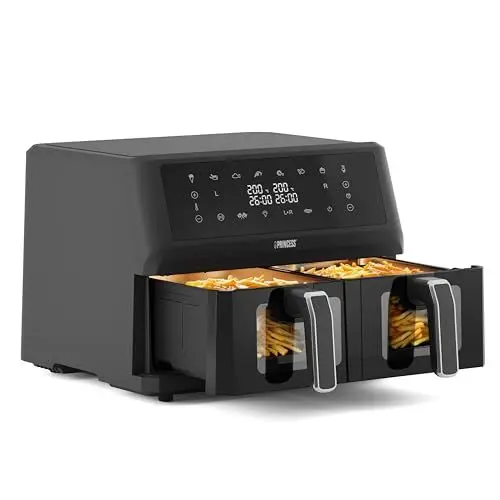 Produktbild: Princess XXL Heißluftfritteuse mit Doppelkorb - 2 Fächer - 11 L - BPA- und PFAS-frei - Sync-Funktion - 8 Programme - Sichtfenster - 2400 W - 182276