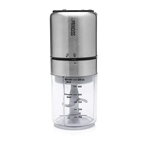 Produktbild: Princess Multi-Zerkleinerer & Mixer – 4-Edelstahlklingen zum Hacken und Zerkleinern, 2 Edelstahlklingen zum Mahlen, 500 ml, 350 Watt, 221080, silber