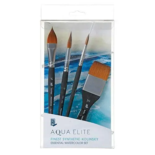 Produktbild: PRINCETON ARTIST BRUSH CO. Aqua Elite Fine Art Aquarellpinsel, synthetischer Kolinsky Zobel, 4-teiliges Pinselset, kurzer Griff, ideal für Profis und Studenten