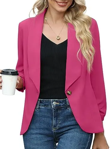 Produktbild: PrinStory Blazer Für Damen Mit 3/4 Geraffte Ärmel - Geschäft Büro Anzug Sportlich Jack Trenchcoat (Heißes Rosa, EU 40-42)