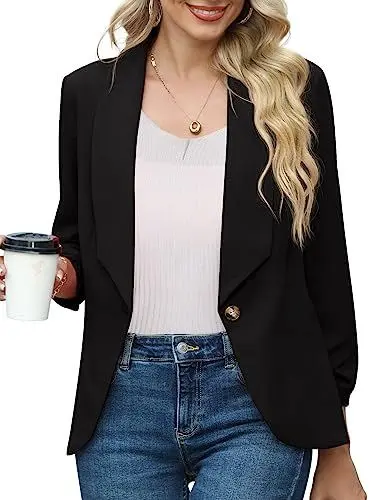 Produktbild: PrinStory Blazer Für Damen 3/4 Geraffte Ärmel Blazer Geschäft Büro Blazer Anzug Sportlich Jack Trenchcoat (Schwarz, EU 44-46)