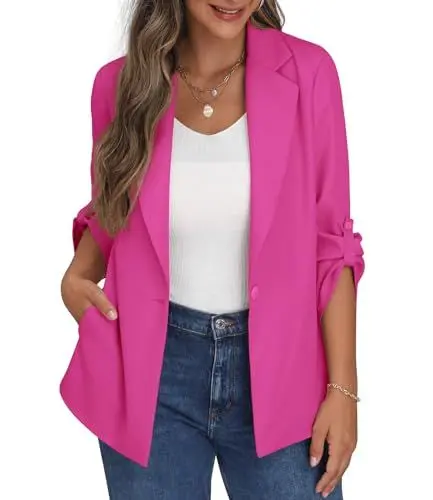 Produktbild: PrinStory Blazer Für Damen Verstellbare Ärmel Longblazer Geschäft Büro Blazer Anzug Sportlich Jack Trenchcoat (Heißes Rosa, EU 36)