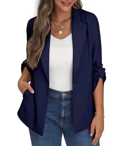 Produktbild: PrinStory Blazer Für Damen Verstellbare Ärmel Longblazer Geschäft Büro Blazer Anzug Sportlich Jack Trenchcoat (Marineblau, EU 46-48)