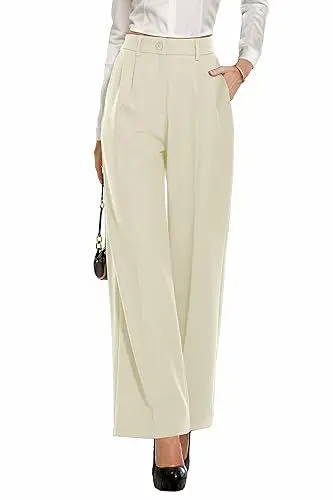 Produktbild: PrinStory Damen Hose Mit Weitem Bein Leichte Elastische Taille Sommer Hose Mit Taschen Kausale Büro Business Hosen (Beige, 40-42)
