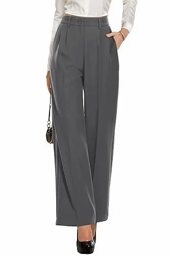 Produktbild: PrinStory Damen Hose Mit Weitem Bein Leichte Elastische Taille Sommer Hose Mit Taschen Kausale Büro Business Hosen (Dunkelgrau, 40-42)