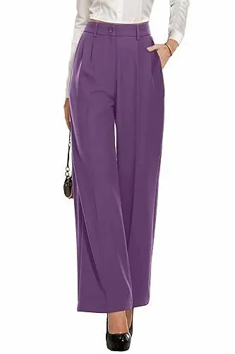 Produktbild: PrinStory Damen Hose Mit Weitem Bein Leichte Elastische Taille Sommer Hose Mit Taschen Kausale Büro Business Hosen (Violett, 38-40)