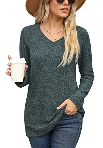 Produktbild: PrinStory Damen Langarmshirts V-Ausschnitt Sweatshirt Lässig Tunika Einfarbig Pullover EU Size 40-42 (Grün, M)