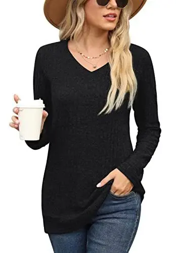Produktbild: PrinStory Damen Langarmshirts V-Ausschnitt Sweatshirt Lässig Tunika Einfarbig Pullover EU Size 40-42 (Schwarz, M)