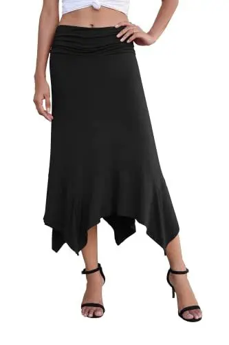Produktbild: PrinStory Damen Rock Elastische Taille Sommerröcke Ausgestelltes A-Linie Midirock (Schwarz, L)