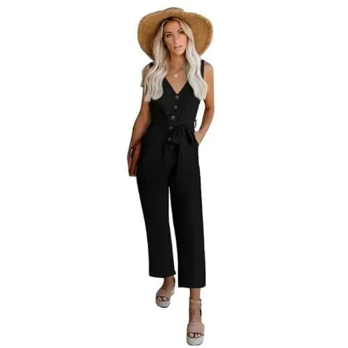 Produktbild: PrinStory Damen Sommer Casual Jumpsuit V-Ausschnitt Button Down Ärmellose Rompers Mit Taschen (Schwarz, XXL)