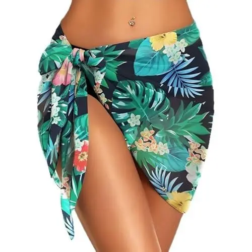 Produktbild: PrinStory Damen Strandkleid Mit Seitlichem Knoten Kurz Casual Sommer Strandmode Für Strandurlaub (Dunkelgrüne Blätter, M)