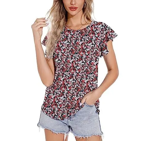 Produktbild: PrinStory Damen T Shirts Strickshirts Casual Rüschen Kurzarm Oberteile Violett Rot Rundhals Sommer Tops Für Frauen Groß (Blumen Schwarz Rosa Weiß, L)
