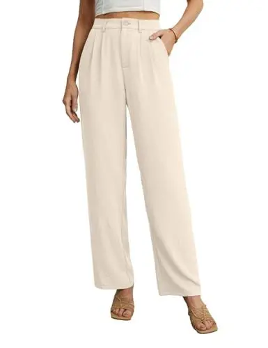 Produktbild: PrinStory Hosen Damen Leicht Sommerhose Damen Lässige Marlenehose Mit Taschen Legere Büro Business Hosen Mit Weitem Bein (Beige, L)