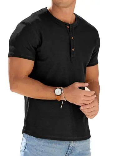 Produktbild: PrinStory Kurzarm T-Shirts Herren Baumwolle Henley Shirt Herren Sommer Schmaler Passform Manner T-Shirt Mit Knopf (Schwarz, M)