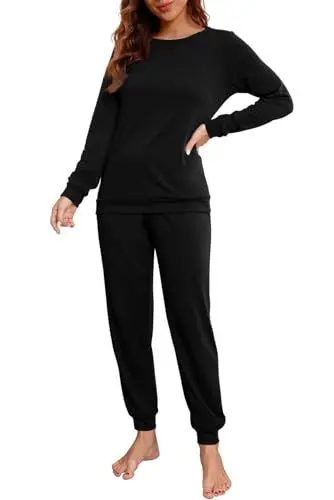 Produktbild: PrinStory Schlafanzug Damen Lang Pyjama Set Nachtwäsche Loungewear Rundhals Schlafanzugoberteile Und Schlafhosen Mit Taschen (Schwarz, M)