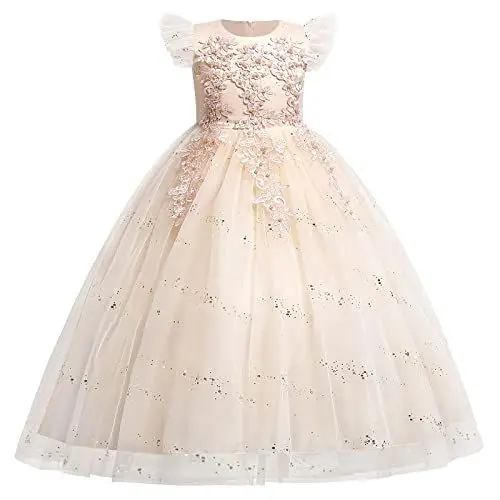 Produktbild: Prinzessin Kleid Mädchen Rüschen Stickerei Blumenmädchenkleider Kinder Glitzer Pailletten Lang Tüllkleid Erstkommunion Kommunionkleid Festliches Hochzeit Abendkleid Ballkleid B#Champagner 9-10 Jahre