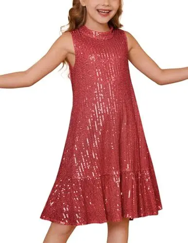 Produktbild: GRACE KARIN Kinder Mädchen Glitzerkleid Pailletten Tanzkostüm Rundhalsausschnitt Rüschen Ärmelloses Kleid mit Schleife Haar-Accessoire Elegantes Formelles Kleid Rot 6-7 Jahre