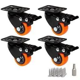 Produktbild: PRIOstahl Möbelrollen Bremsrollen Schwerlastrollen Transportrollen Orangene Premium Rollen - 4 x Lenkrollen mit Bremse 40 mm + Befestigungsschrauben und Bit für Möbel Schränke Spurlos & Leise