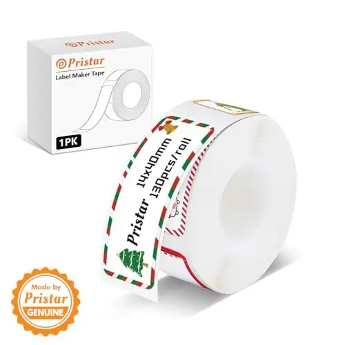 Produktbild: Pristar P15 Weihnachtsetikettenband, 1 Rolle 14 mm x 40 mm, selbstklebendes Thermoetikettenpapier, kompatibel mit P15 Etikettendrucker, Weihnachtsbaum, 130 Etiketten/Rolle, 1 Rolle