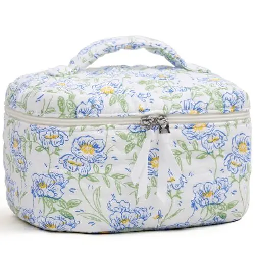 Produktbild: Prite Aesthetic Floral Kosmetiktasche Niedliche Kulturtasche aus Baumwolle mit Gesteppte Muster Reise Kulturbeutel oder Make Up Tasche für Damen und Mädchen (Handgemalte Blume)