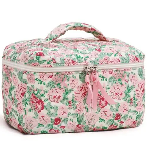 Produktbild: Prite Aesthetic Floral Kosmetiktasche Niedliche Kulturtasche aus Baumwolle mit Gesteppte Muster Reise Kulturbeutel oder Make Up Tasche für Damen und Mädchen (Rose Mehrblütige)
