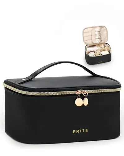 Produktbild: Prite Groß Kosmetiktasche für Damen Reise Kulturtasche aus Wasserdichtem Leder Tragbare Kulturbeutel oder Make Up Tasche mit Griff und Abnehmbarem Trenner (Schwarz)