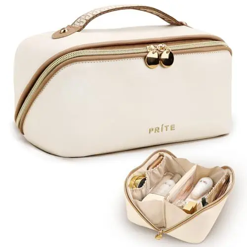 Produktbild: Prite Große Kapazität Kosmetiktasche Tragbare Reise Make Up Tasche wasserdichte PU-Leder Schminktasche oder Kulturbeutel mit Transparente Trenner und Griff(Beige)