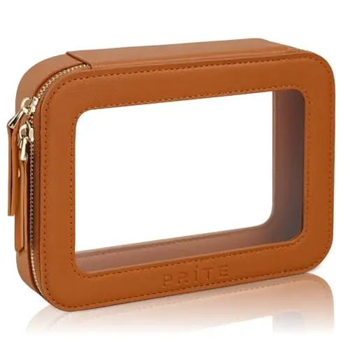 Produktbild: Prite Transparent Kosmetiktasche Make Up Tasche Damen Reise wasserdichte Kulturbeutel Autozubehör und Auto Organizer mit Goldenem Doppelreißverschlüss (Braun)