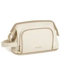 Produktbild: Prite Weit Geöffnete Kosmetiktasche Tragbare Reise Make up Tasche wasserdichte PU-Leder Kulturtasche oder Kulturbeutel mit Fach und Griff (Beige)