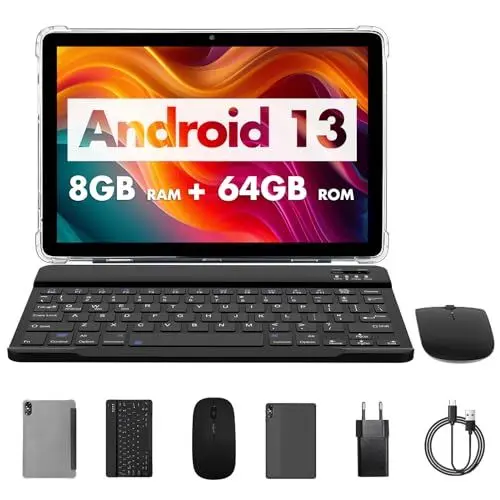 Produktbild: PRITOM 10 Zoll Tablet, 3-in-1 Tablet, 8 GB(4+4 GB Expand), 64 GB ROM, Android 13, 1TB Expand,Qcta core, WiFi 6, 6000 Mah, Tablet PC mit Tastatur, Maus, Case,Grau