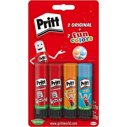 Produktbild: Pritt Klebestift, sicherer und kinderfreundlicher Kleber für Kunst und Bastelarbeiten, starker Klebstoff für Schule & Bürobedarf, 2x22g original und 2 x 20g bunte Pritt Stifte (blau, orange), 9H PTFCS