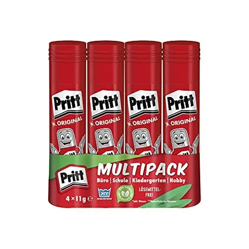 Produktbild: Pritt Klebestift, sicherer und kinderfreundlicher Kleber für Kunst und Bastelarbeiten, starker Klebstoff für Schule & Bürobedarf, 4x11g Pritt Stift