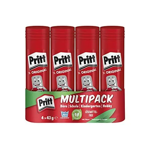 Produktbild: Pritt Klebestift, sicherer und kinderfreundlicher Kleber für Kunst und Bastelarbeiten, starker Klebstoff für Schule & Bürobedarf, 4x43g Pritt Stift