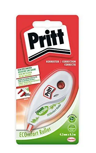 Produktbild: Pritt Korrektur Roller Ecomfort, mit einer ergonomischen seitlichen Anwendung ohne Verschmieren und einem Gehäuse aus überwiegend natürlichem Plastik, Einwegprodukt, 4,2mm x 8,5m